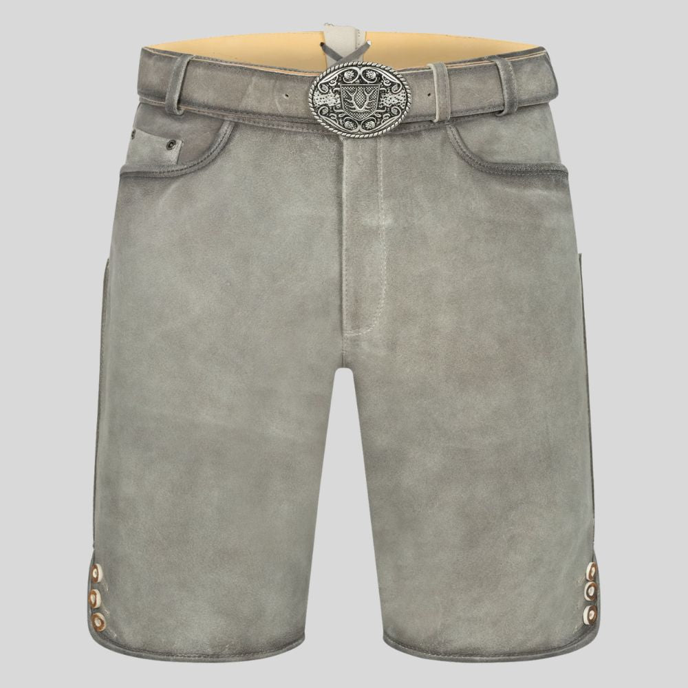 Gray denim shorts with a belt and decorative buckle on a light gray background