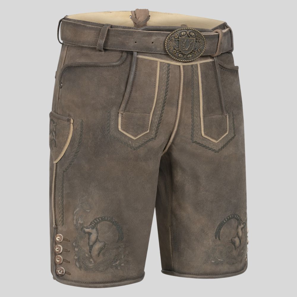 Brown leather shorts with decorative elements on a light gray background