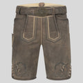 Brown leather shorts with decorative belt and stitching on a light gray background