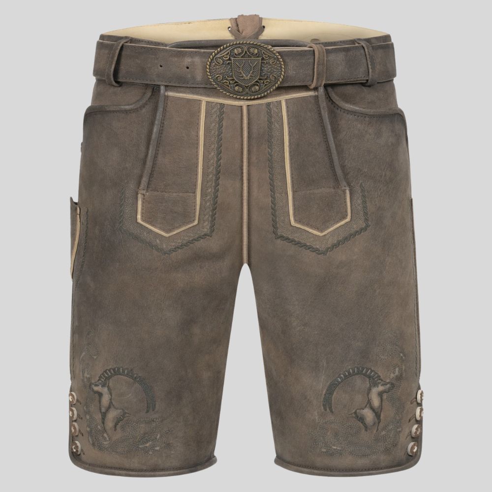 Brown leather shorts with decorative belt and stitching on a light gray background