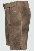 Brown leather shorts with decorative elements on a light gray background