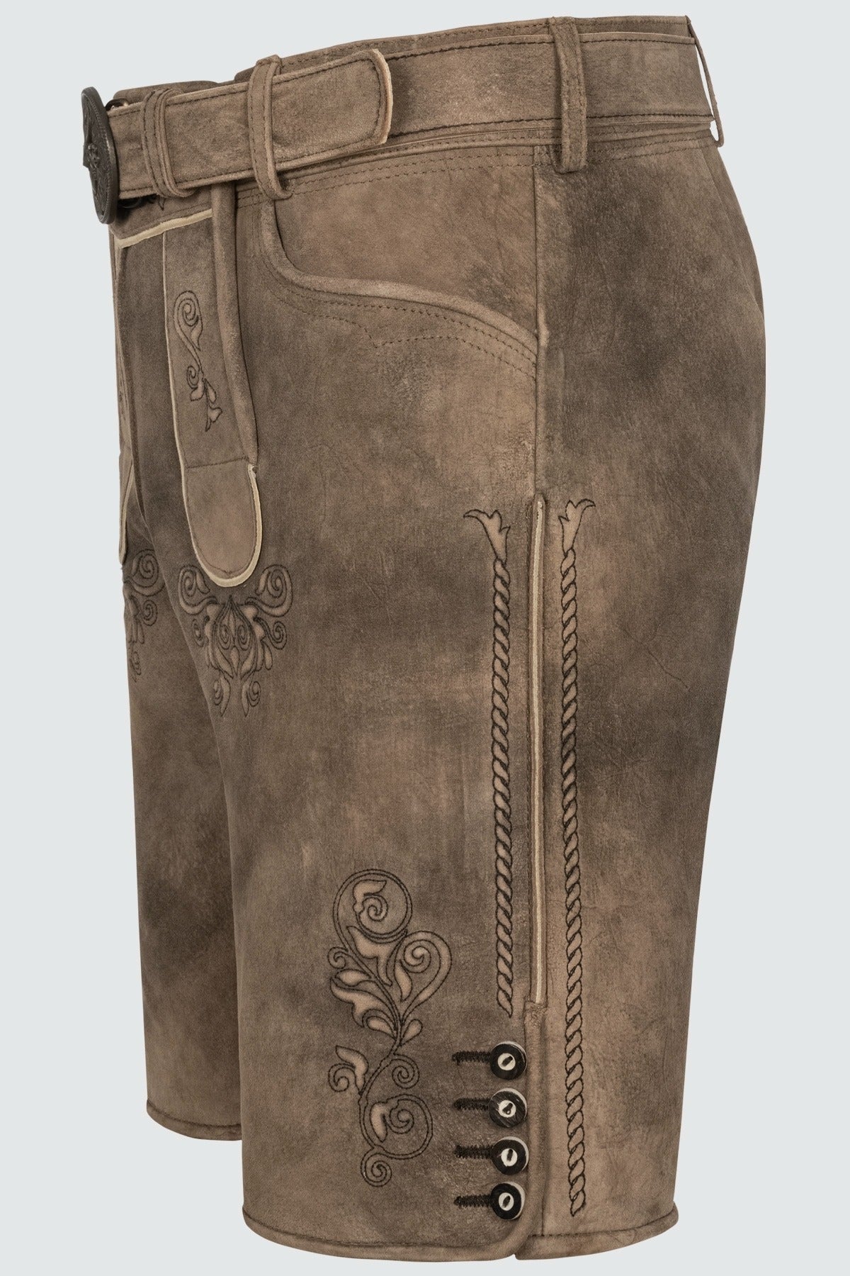 Brown leather shorts with decorative elements on a light gray background