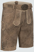Brown leather shorts with decorative stitching on a light gray background