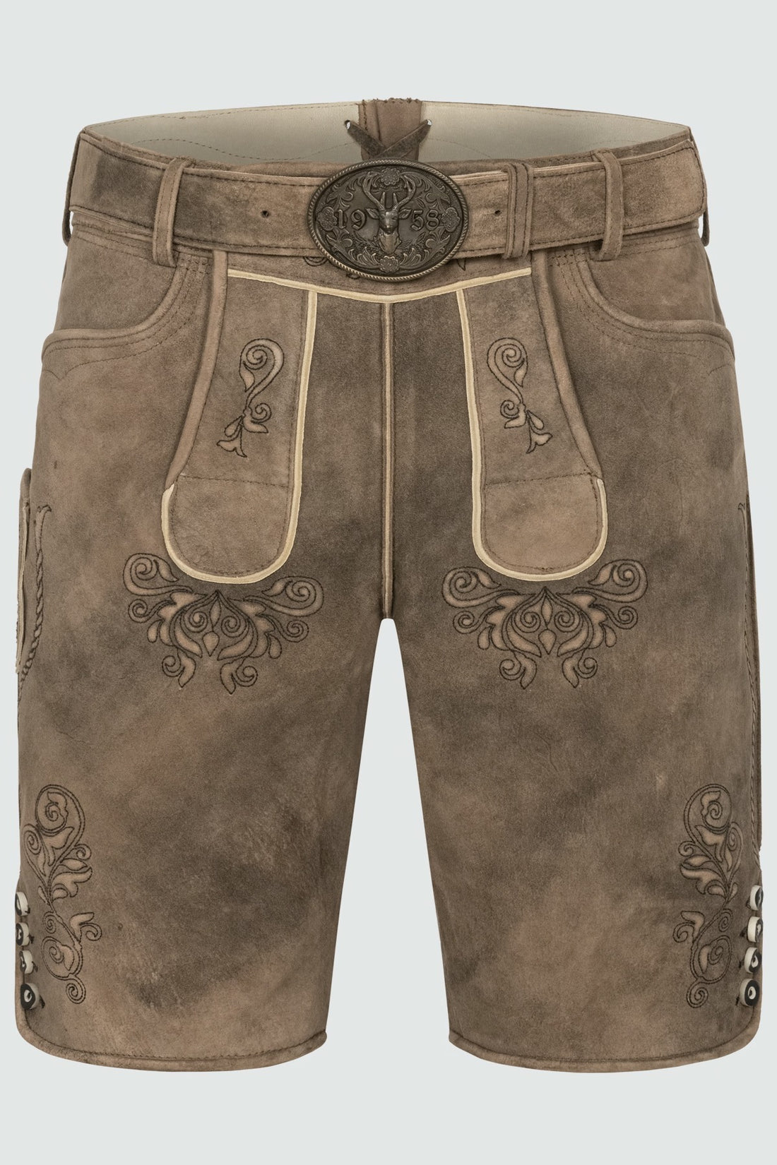 Brown leather shorts with decorative patterns on a light gray background