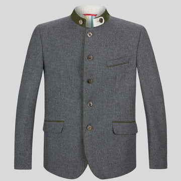 Gray blazer with green trim on a light gray background