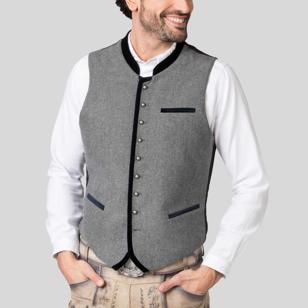 Gray vest with black accents on a light gray background