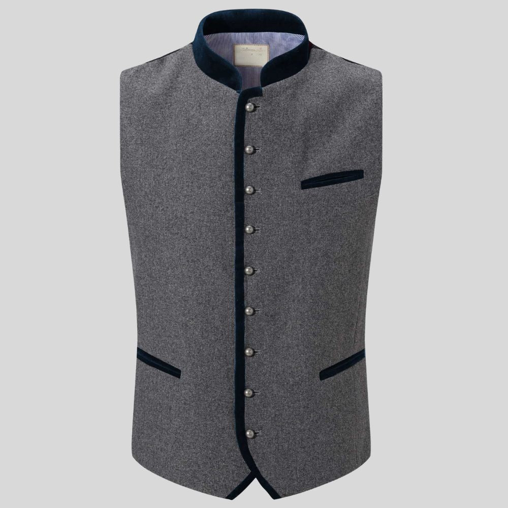 Gray vest with black accents on a light gray background