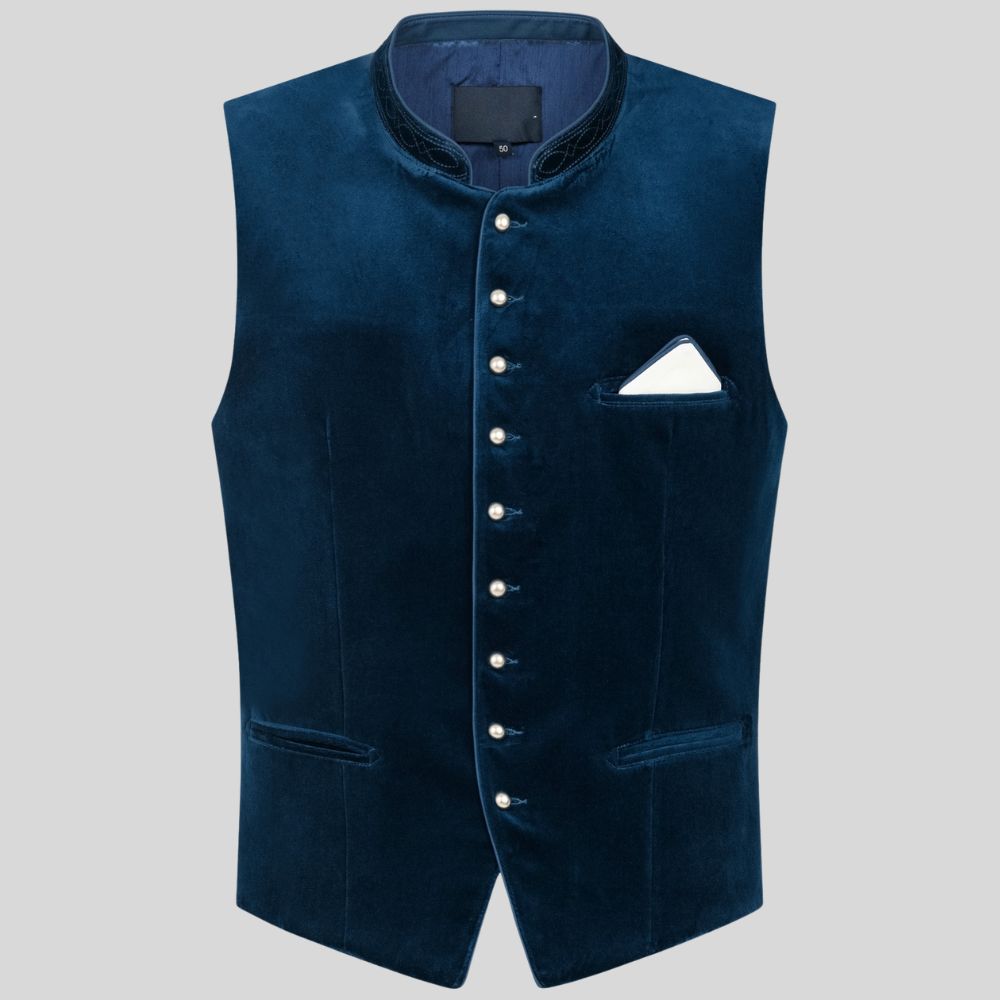 Oktoberfest-inspired Bavarian velvet vest with pearl button closure and pocket square
