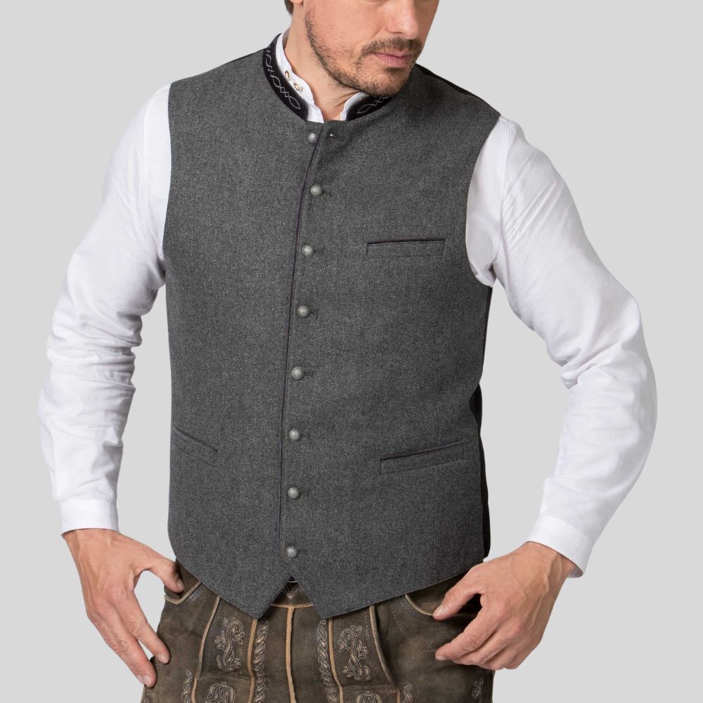 Gray vest with button details on a light gray background