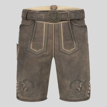 Brown leather shorts with decorative stitching and belt on a light gray background