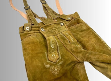 men lederhosen made from pure goat skin leather on grey background