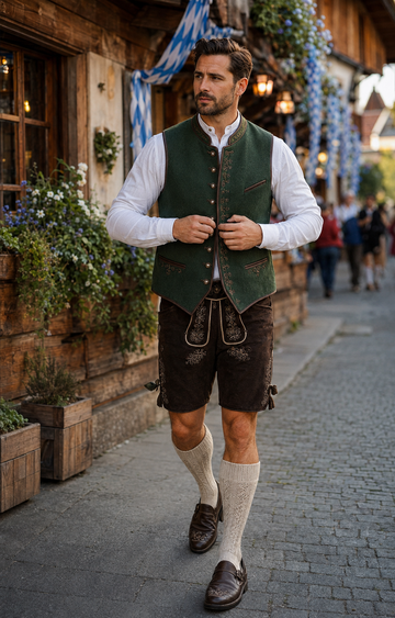 Traditional oktoberfest clothing men with oktoberfest vest and Lederhosen