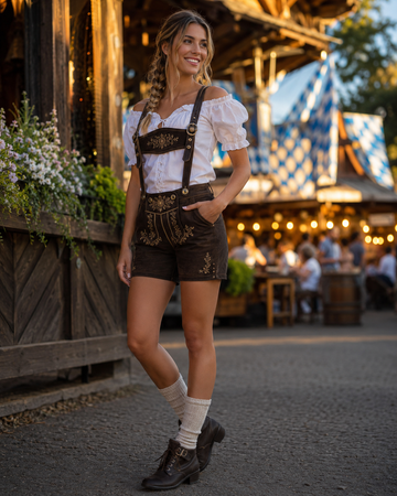 Woman wearing dark brown embroidered lederhosen shorts, a white Bavarian blouse, suspenders, knee socks, and traditional shoes at a realistic Oktoberfest festival garden.