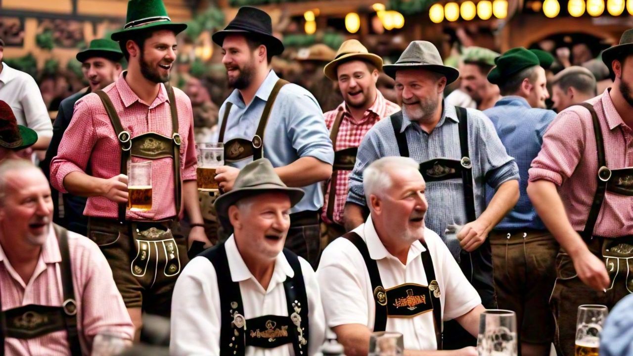 "Oktoberfest fashion featuring men in authentic Lederhosen and women in stylish Dirndls, celebrating Bavarian tradition at Oktoberfest."