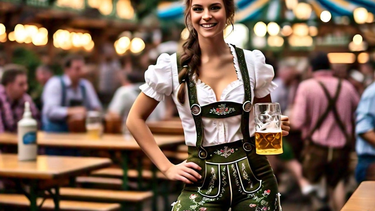 Women wearing lederhosen at Oktoberfest, showcasing modern Bavarian fashion.