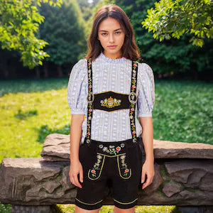 "Woman wearing authentic lederhosen at Oktoberfest, showcasing style and tradition."