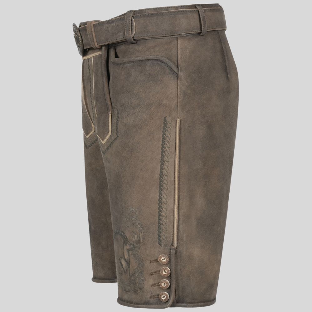 Brown leather shorts with decorative belt and stitching on a light gray background