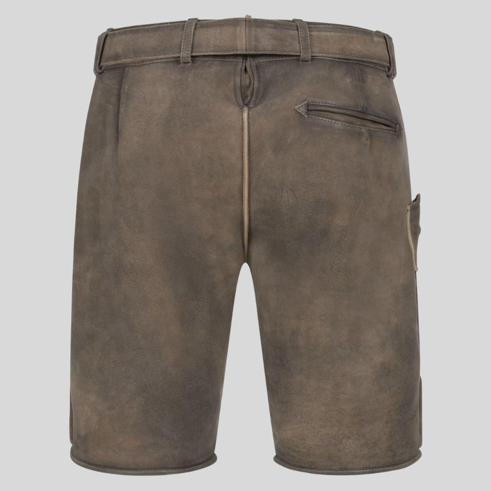 Brown leather shorts on a light gray background