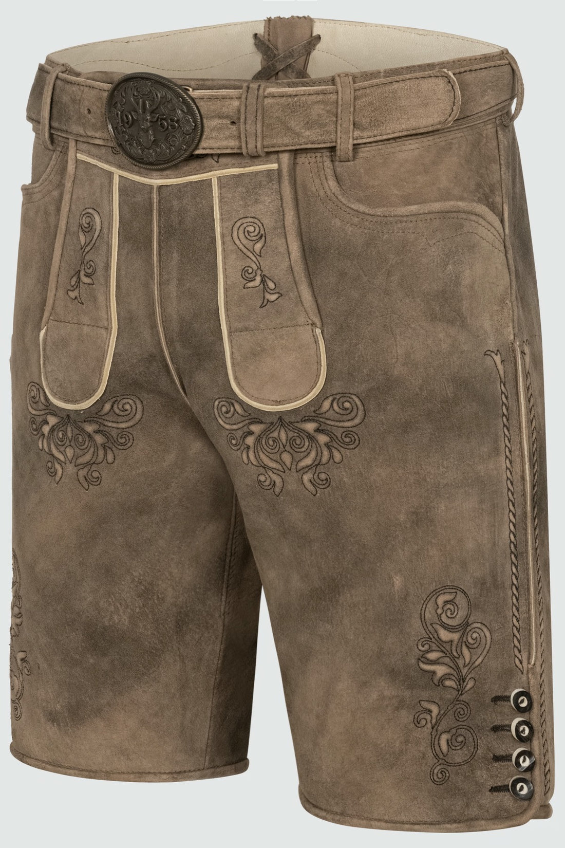 Brown leather shorts with decorative patterns on a light gray background