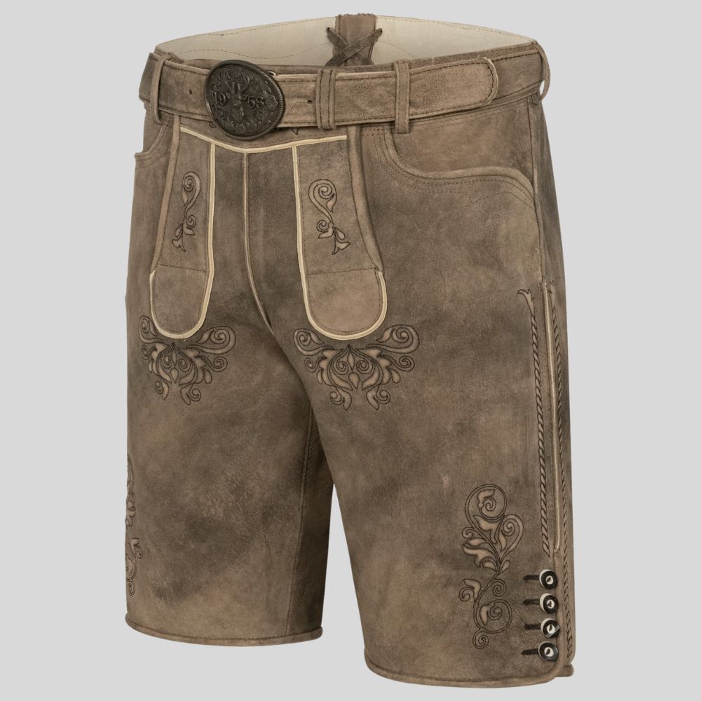 Authentic brown lederhosen men with traditional Bavarian embroidery for Oktoberfest