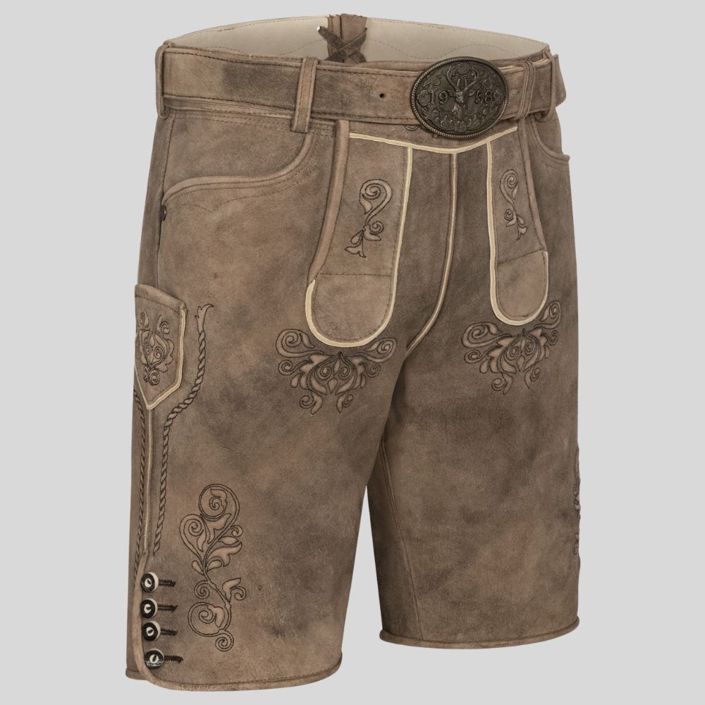 Classic brown lederhosen men featuring handcrafted Bavarian embroidery and suspenders