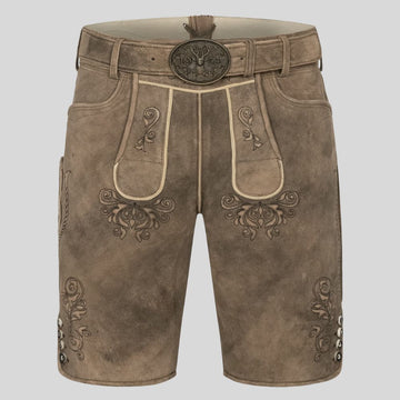 Authentic brown lederhosen men with traditional Bavarian embroidery for Oktoberfest