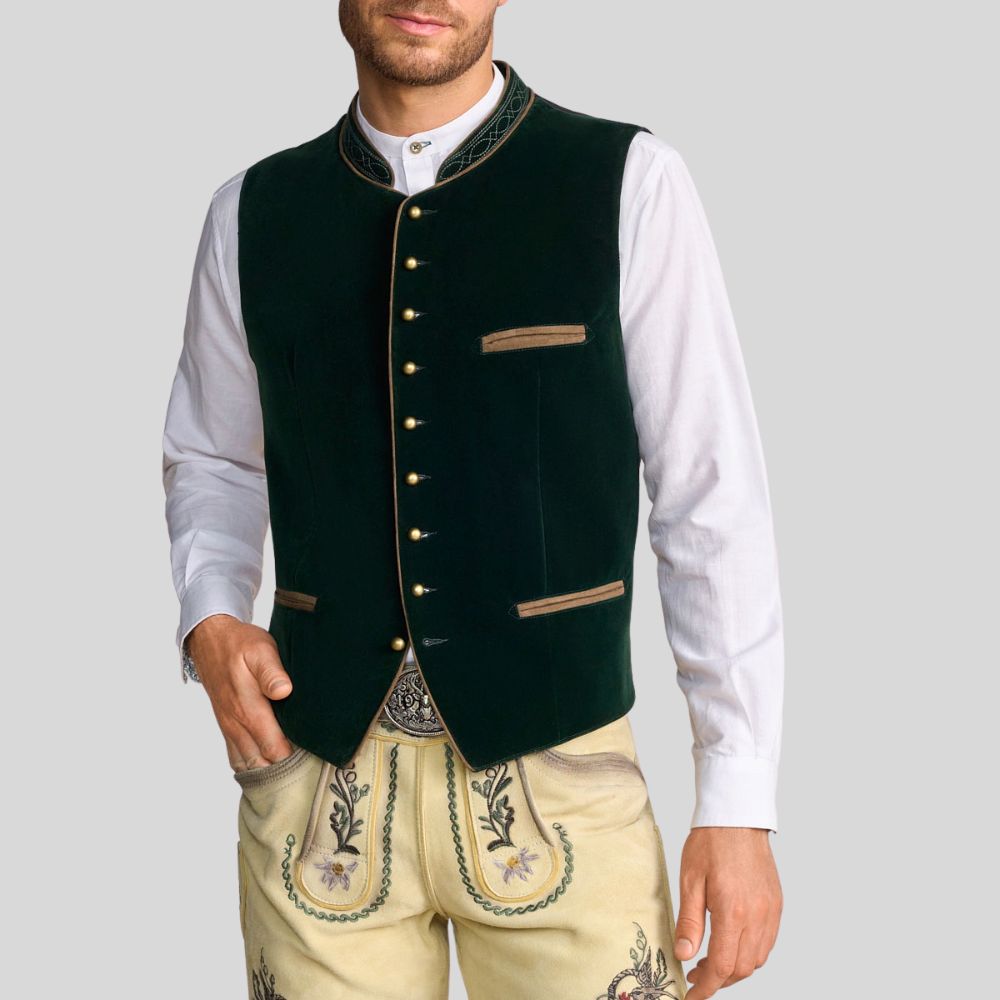 "Bavarian-style lederhosen vest - Authentic design perfect for Oktoberfest parties."