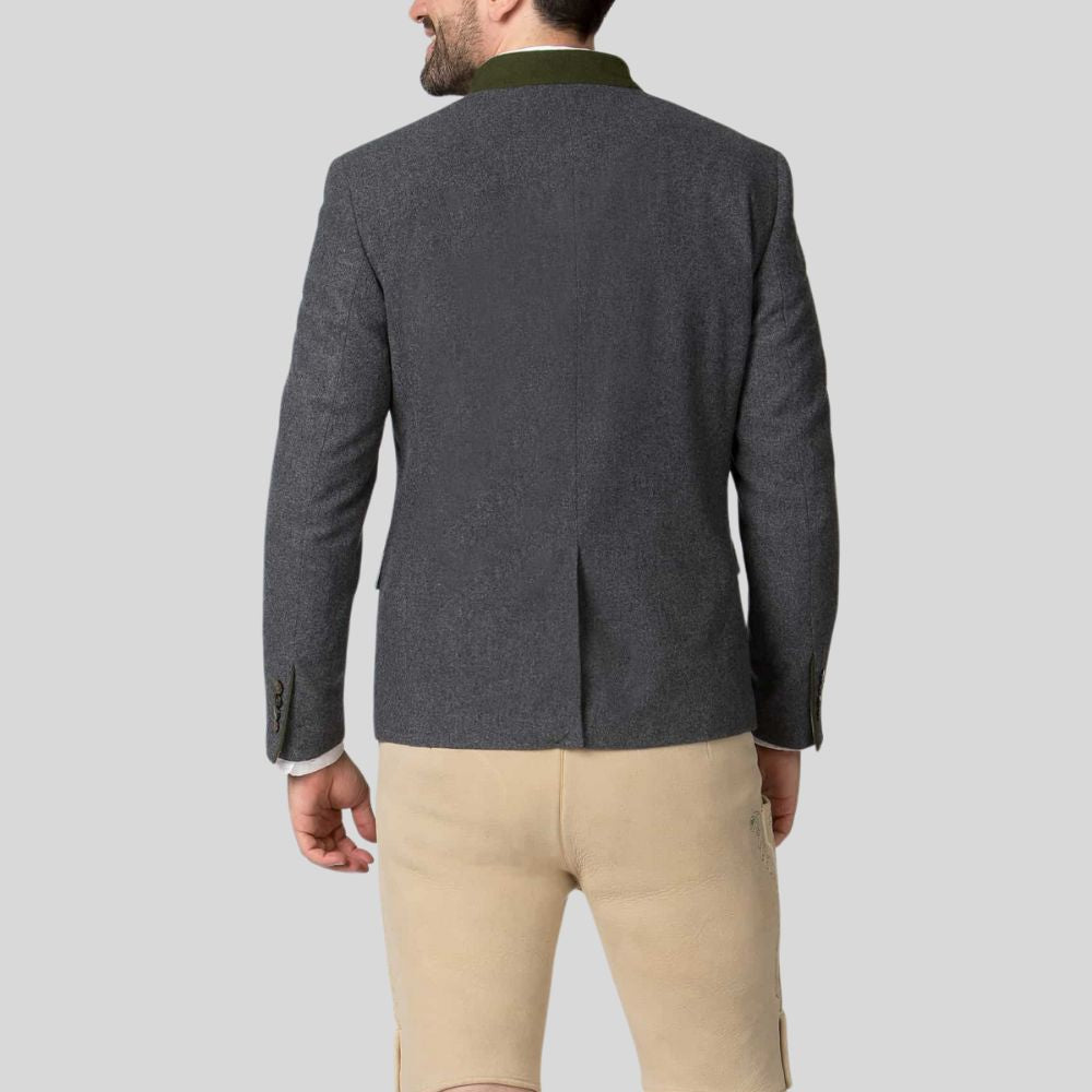 Gray blazer with green trim on a light gray background