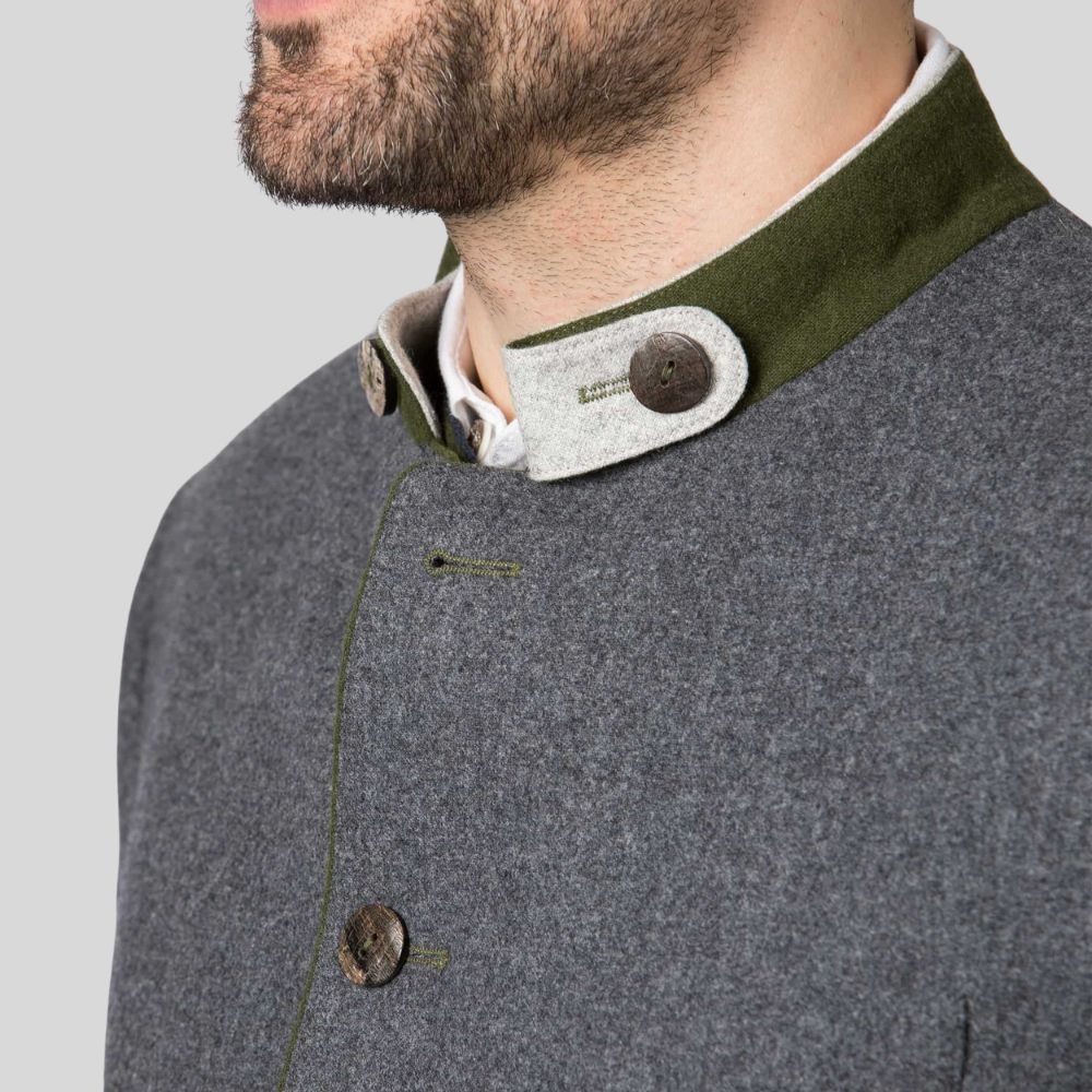 Gray coat with green collar and buttons on a plain background