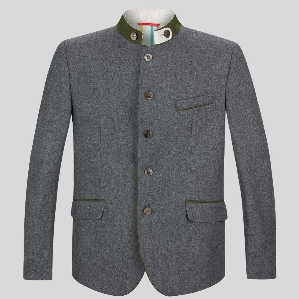Gray blazer with green trim on a light gray background