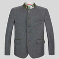 Gray blazer with green trim on a light gray background