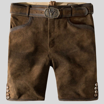 Brown leather shorts with a belt and decorative buckle on a light gray background