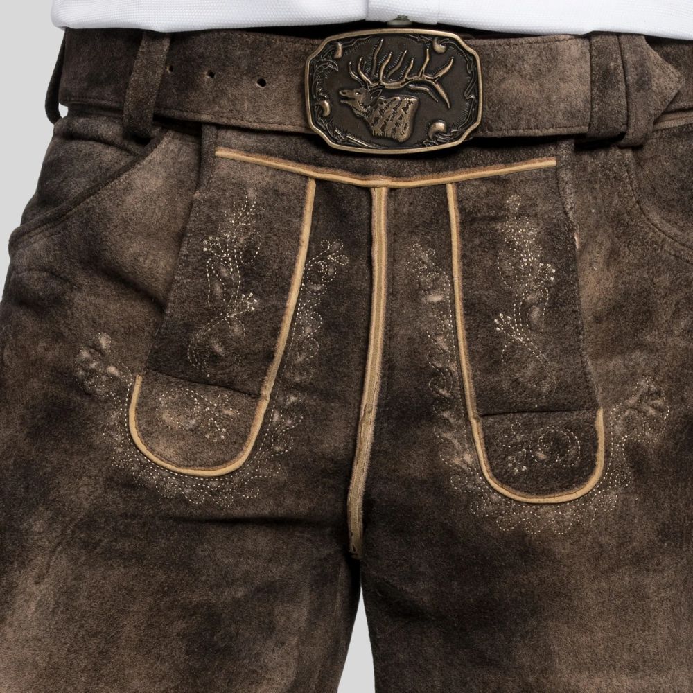 Brown leather shorts with a decorative belt on a light gray background