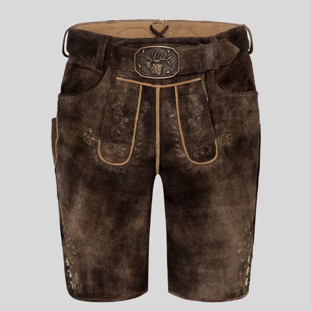 Brown leather shorts with a decorative belt on a light gray background