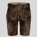 Brown leather shorts with a decorative belt on a light gray background