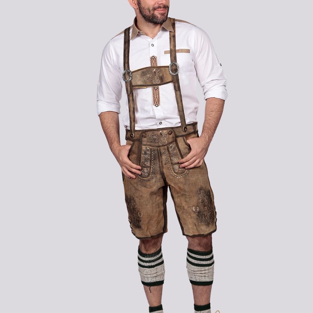 Traditional Bavarian Lederhosen for men, crafted from high-quality deer leather for a classic Oktoberfest look