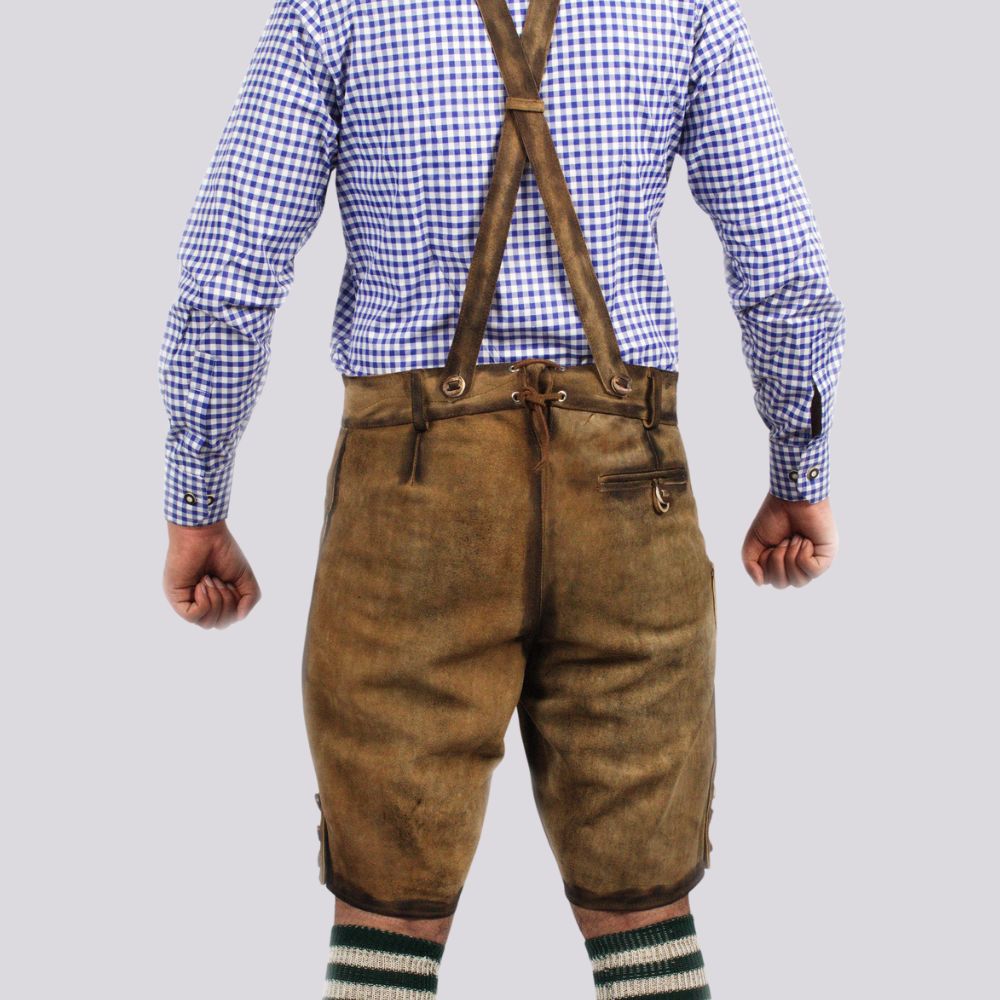 Men's knee-length Lederhosen made in Bavaria, Germany, for a touch of cultural heritage.