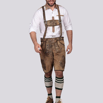 Traditional Bavarian Lederhosen for men, crafted from high-quality deer leather for a classic Oktoberfest look