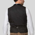 Men’s grey Bavarian vest with navy trim, stand collar and metal-look buttons, front view