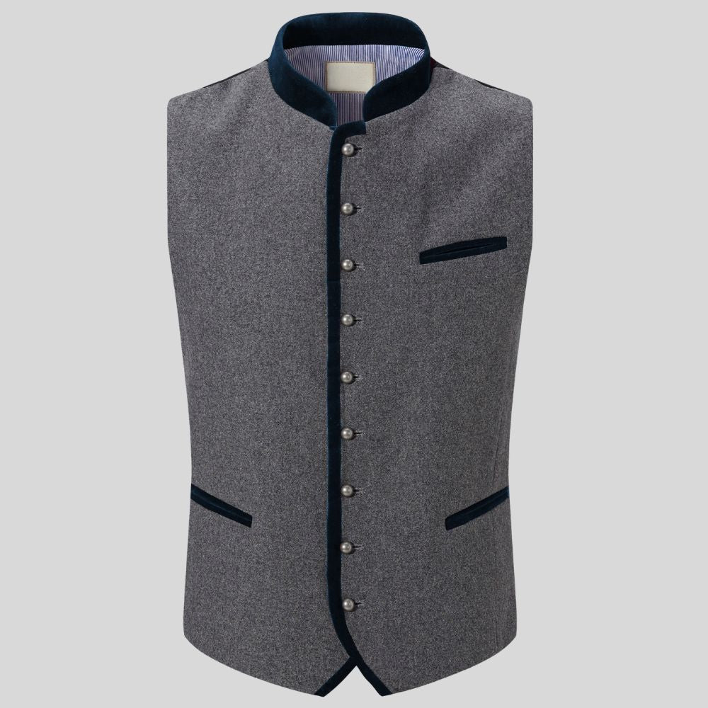 A gray textured waistcoat vest with dark navy blue trim on the collar, front button placket, pocket edges, and hem, shown against a solid light gray background.