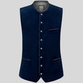 A dark navy blue velvet waistcoat with a mandarin collar, decorative silver-tone buttons down the front, and welt pockets, shown against a solid gray background.