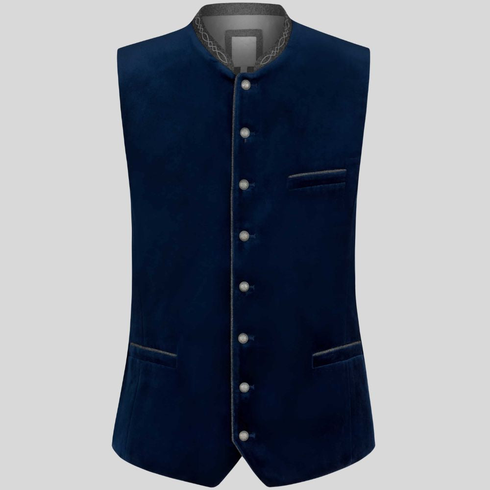 A dark navy blue velvet waistcoat with a mandarin collar, decorative silver-tone buttons down the front, and welt pockets, shown against a solid gray background.
