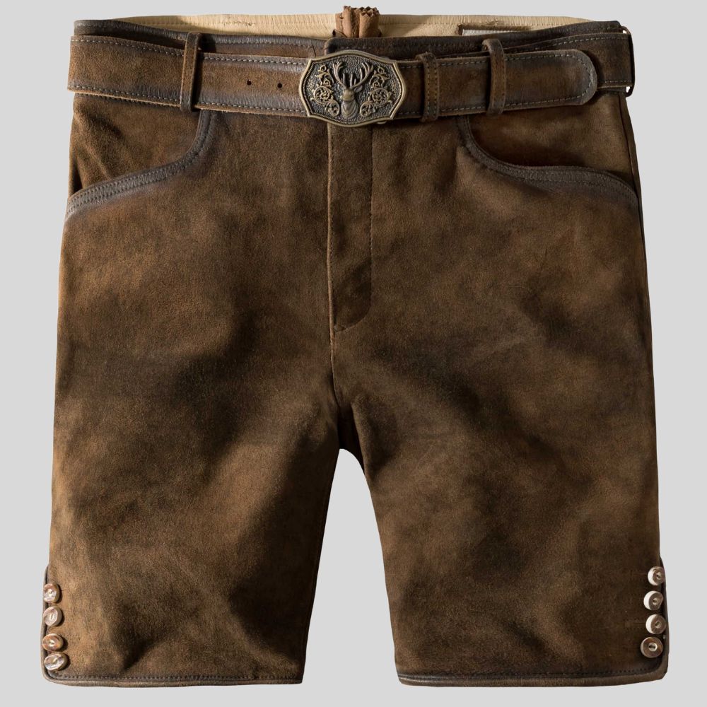 Brown leather shorts with a belt and decorative buckle on a light gray background