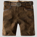 Brown leather shorts with a belt and decorative buckle on a light gray background