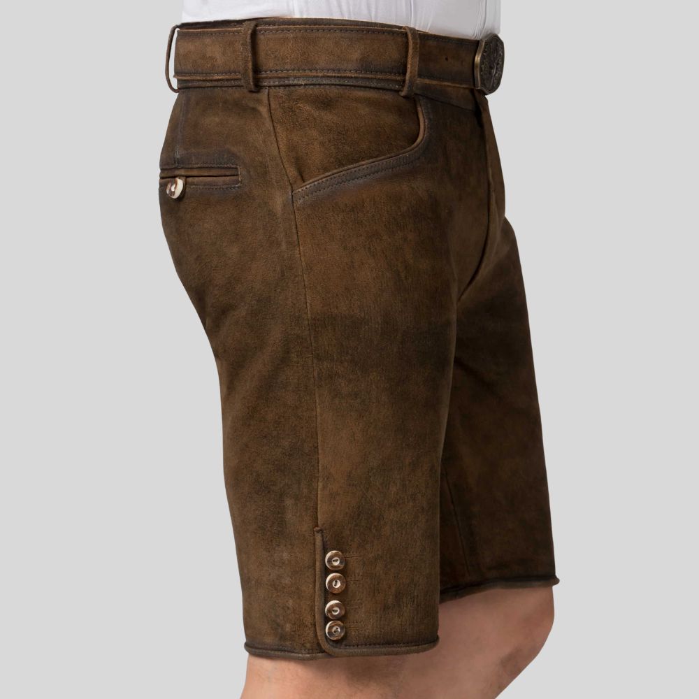 Brown suede shorts with buttons on a gray background