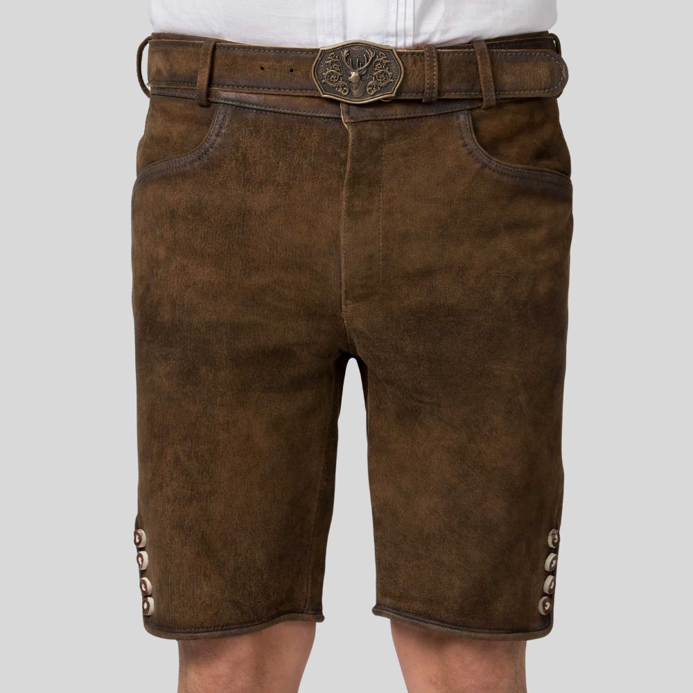 Brown leather shorts with a belt and decorative buckle on a light gray background
