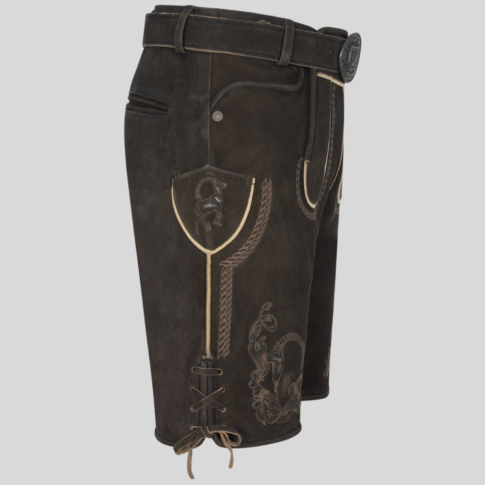 Brown leather shorts with decorative stitching on a light gray background