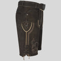 Brown leather shorts with decorative elements on a gray background