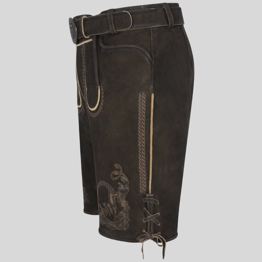 Brown leather shorts with decorative elements on a gray background