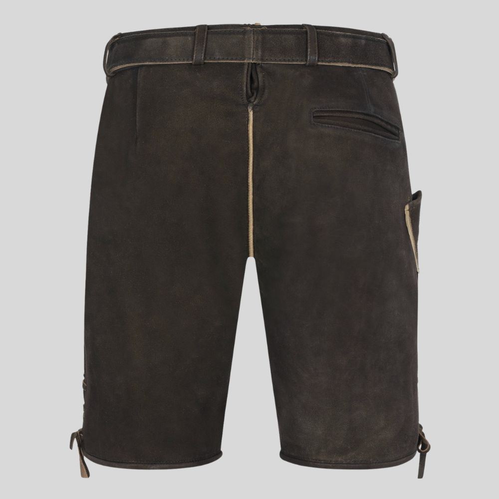 Dark brown leather shorts on a light gray background